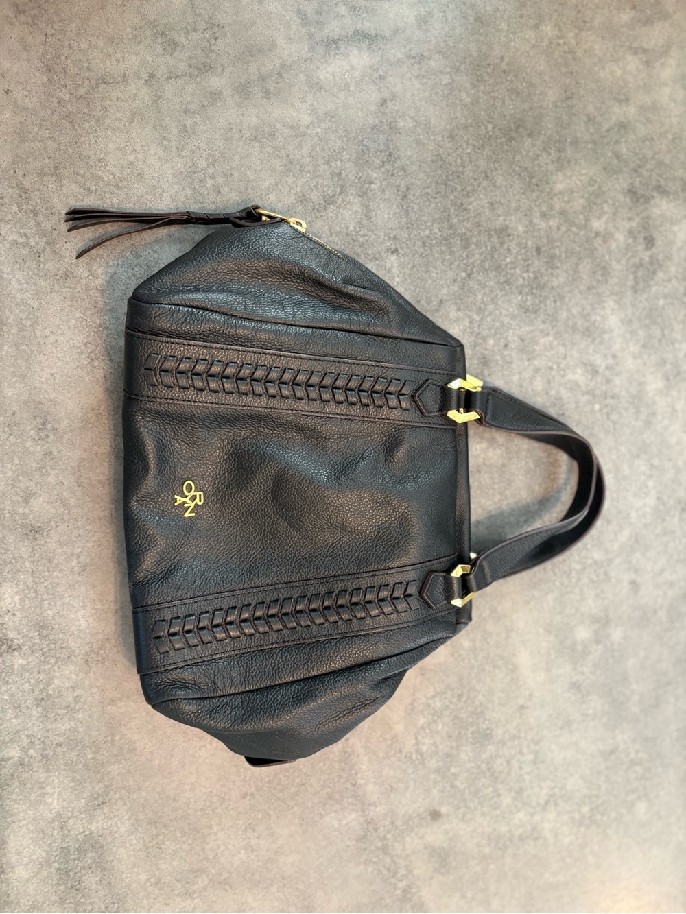 orYANY Black Leather Tote with Braided Paneling and Gold Logo